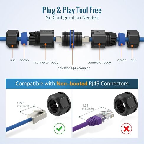 Tecmojo Waterproof Cat6 Coupler, IP68 Outdoor Ethernet Connector for CAT6/CAT5E/CAT5,Shielded RJ45 Ethernet Extender for IP Camera and PoE Device, 3.2in,6 Pack in Kuwait