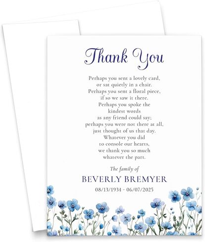 Classic Funeral Sympathy Thank You Cards With Envelopes, Personalized Memorial Thank You Notes, Celebration of Life Thank You Stationery Notes, Your Choice of Quantity and Envelope Color in Saudi Arabia