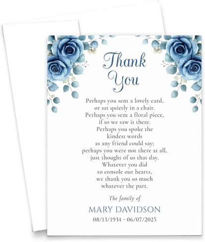 Classic Funeral Sympathy Thank You Cards With Envelopes, Personalized Memorial Thank You Notes, Celebration of Life Thank You Stationery Notes, Your Choice of Quantity and Envelope Color in Saudi Arabia