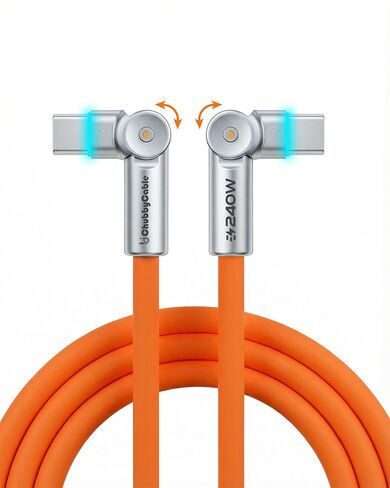 chubbycable Chubby RotateX 240W Dual 180° Rotating Fast Charging Cable with LED Light Soft Silicone USB C Cable Extra Thick Durable Charger Cord, Orange, 6.6ft in Saudi Arabia