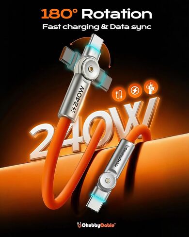 chubbycable Chubby RotateX 240W Dual 180° Rotating Fast Charging Cable with LED Light Soft Silicone USB C Cable Extra Thick Durable Charger Cord, Orange, 6.6ft in Saudi Arabia