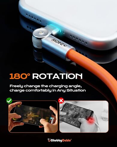 chubbycable Chubby RotateX 240W Dual 180° Rotating Fast Charging Cable with LED Light Soft Silicone USB C Cable Extra Thick Durable Charger Cord, Orange, 6.6ft in Saudi Arabia