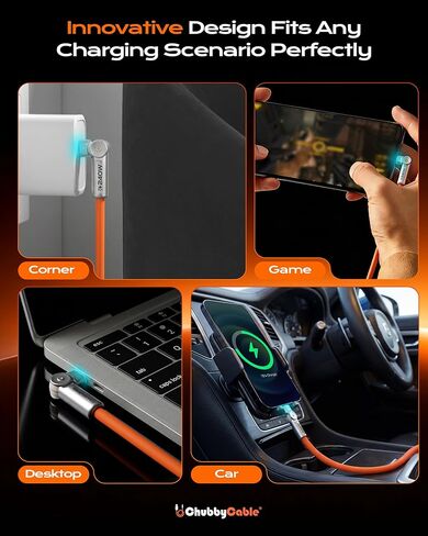 chubbycable Chubby RotateX 240W Dual 180° Rotating Fast Charging Cable with LED Light Soft Silicone USB C Cable Extra Thick Durable Charger Cord, Orange, 6.6ft in Saudi Arabia
