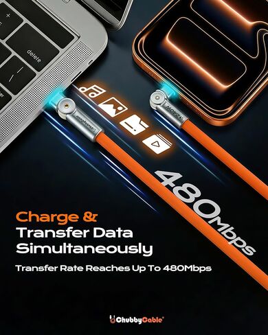 chubbycable Chubby RotateX 240W Dual 180° Rotating Fast Charging Cable with LED Light Soft Silicone USB C Cable Extra Thick Durable Charger Cord, Orange, 6.6ft in Saudi Arabia