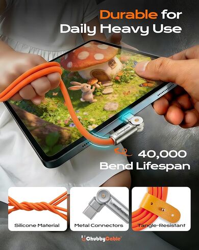 chubbycable Chubby RotateX 240W Dual 180° Rotating Fast Charging Cable with LED Light Soft Silicone USB C Cable Extra Thick Durable Charger Cord, Orange, 6.6ft in Saudi Arabia