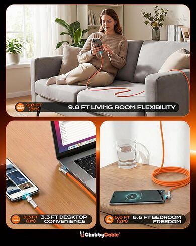 chubbycable Chubby RotateX 240W Dual 180° Rotating Fast Charging Cable with LED Light Soft Silicone USB C Cable Extra Thick Durable Charger Cord, Orange, 6.6ft in Saudi Arabia