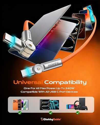 chubbycable Chubby RotateX 240W Dual 180° Rotating Fast Charging Cable with LED Light Soft Silicone USB C Cable Extra Thick Durable Charger Cord, Orange, 6.6ft in Saudi Arabia