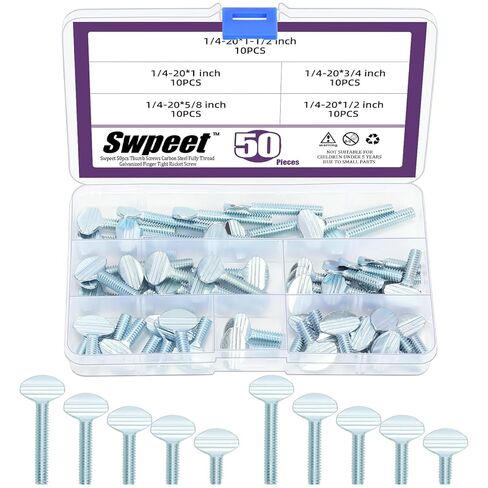 Swpeet 50Pcs 5 Sizes 1/4-20 x 1-1/2" / 1" / 3/4" / 5/8" / 1/2" Carbon Steel Fully Thread Galvanized Thumb Screws Assortment Kit, Finger Tight Racket Screw Flat Head Thumb Screw for Equipment Assembly in Saudi Arabia