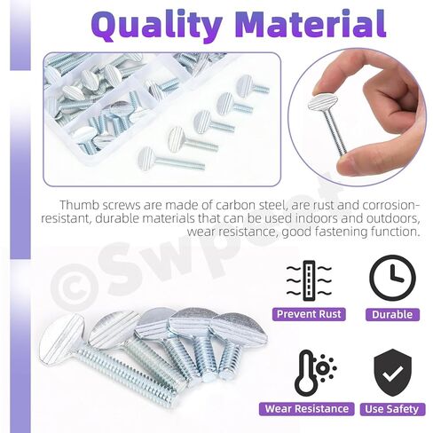 Swpeet 50Pcs 5 Sizes 1/4-20 x 1-1/2" / 1" / 3/4" / 5/8" / 1/2" Carbon Steel Fully Thread Galvanized Thumb Screws Assortment Kit, Finger Tight Racket Screw Flat Head Thumb Screw for Equipment Assembly in Saudi Arabia