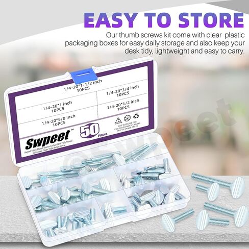 Swpeet 50Pcs 5 Sizes 1/4-20 x 1-1/2" / 1" / 3/4" / 5/8" / 1/2" Carbon Steel Fully Thread Galvanized Thumb Screws Assortment Kit, Finger Tight Racket Screw Flat Head Thumb Screw for Equipment Assembly in Saudi Arabia