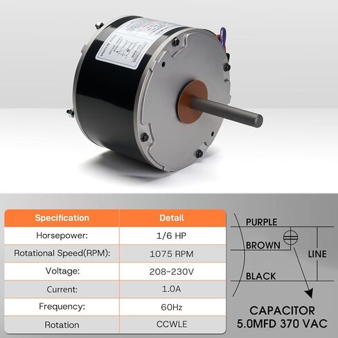 B13400251 B13400251S Condenser Fan Motor 1/6 HP 1075RPM 208-230V 1.0A Compatible with Goodman Janitrol Amana B13400251 5KCP39BGY926S 3S012 F48A90A76(Includes Capacitor) in Saudi Arabia