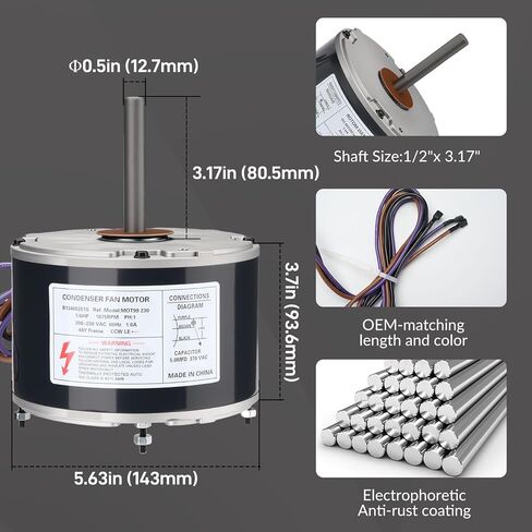 B13400251 B13400251S Condenser Fan Motor 1/6 HP 1075RPM 208-230V 1.0A Compatible with Goodman Janitrol Amana B13400251 5KCP39BGY926S 3S012 F48A90A76(Includes Capacitor) in Saudi Arabia