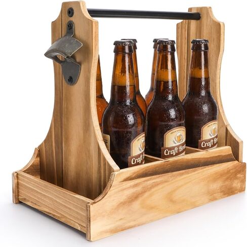 6-Pack Wood Beer Caddy with Metal Opener, 6 Cup Wine Bottle Carrier with Handle, Portable Drink Holder Carrier for Beer-Lovers, Men, Christmas, Birthdays, Father’s Day in Saudi Arabia