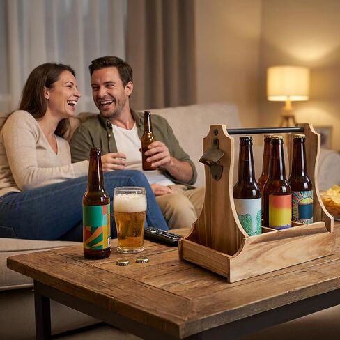 6-Pack Wood Beer Caddy with Metal Opener, 6 Cup Wine Bottle Carrier with Handle, Portable Drink Holder Carrier for Beer-Lovers, Men, Christmas, Birthdays, Father’s Day in Saudi Arabia