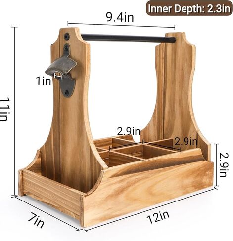 6-Pack Wood Beer Caddy with Metal Opener, 6 Cup Wine Bottle Carrier with Handle, Portable Drink Holder Carrier for Beer-Lovers, Men, Christmas, Birthdays, Father’s Day in Saudi Arabia