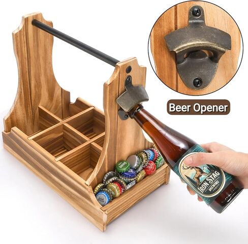 6-Pack Wood Beer Caddy with Metal Opener, 6 Cup Wine Bottle Carrier with Handle, Portable Drink Holder Carrier for Beer-Lovers, Men, Christmas, Birthdays, Father’s Day in Saudi Arabia