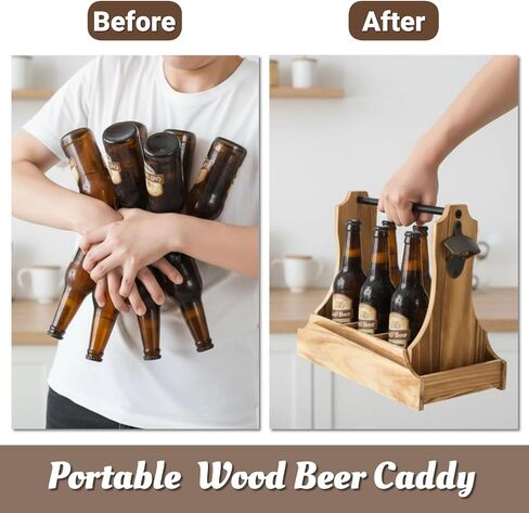 6-Pack Wood Beer Caddy with Metal Opener, 6 Cup Wine Bottle Carrier with Handle, Portable Drink Holder Carrier for Beer-Lovers, Men, Christmas, Birthdays, Father’s Day in Saudi Arabia