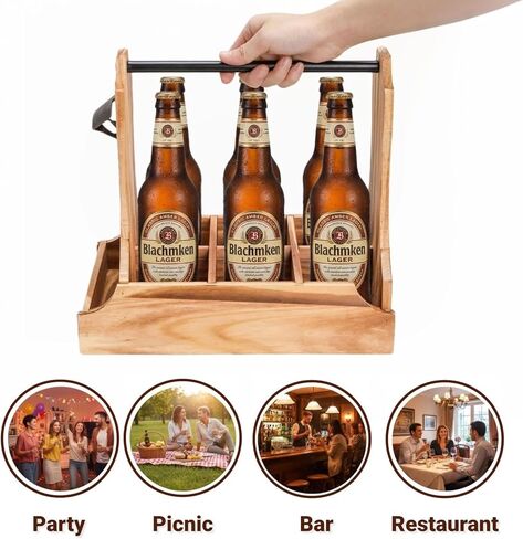 6-Pack Wood Beer Caddy with Metal Opener, 6 Cup Wine Bottle Carrier with Handle, Portable Drink Holder Carrier for Beer-Lovers, Men, Christmas, Birthdays, Father’s Day in Saudi Arabia