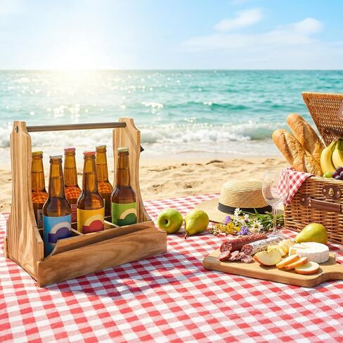6-Pack Wood Beer Caddy with Metal Opener, 6 Cup Wine Bottle Carrier with Handle, Portable Drink Holder Carrier for Beer-Lovers, Men, Christmas, Birthdays, Father’s Day in Saudi Arabia