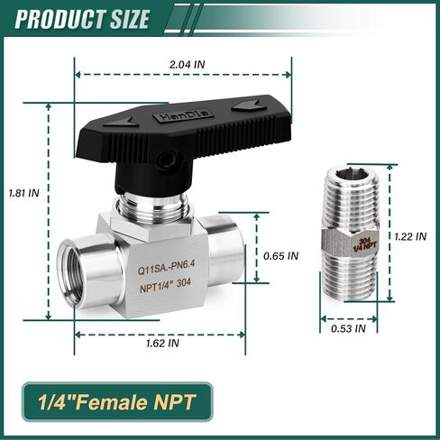 1PCS 304 Stainless Steel 1/4" NPT Female Reduce port Ball Valve, With 2PCS 1/4" NPT Male Hex Nipple Pipe Fittings, for Fuel/Air/Water/Gas/Oil Flow Control in Saudi Arabia