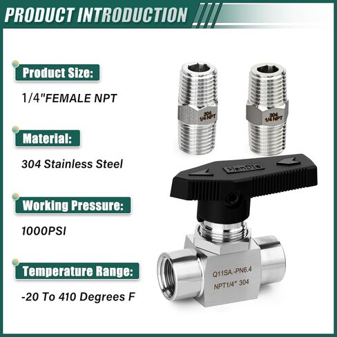 1PCS 304 Stainless Steel 1/4" NPT Female Reduce port Ball Valve, With 2PCS 1/4" NPT Male Hex Nipple Pipe Fittings, for Fuel/Air/Water/Gas/Oil Flow Control in Saudi Arabia