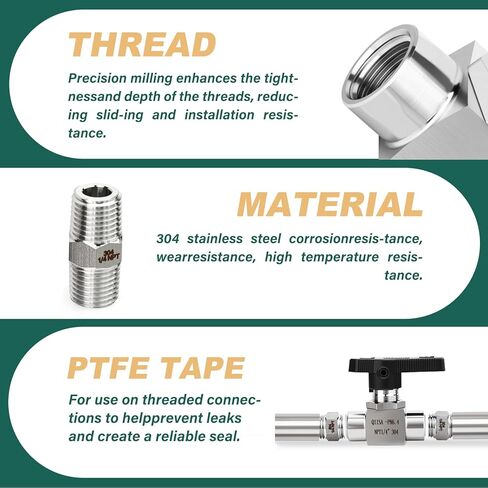 1PCS 304 Stainless Steel 1/4" NPT Female Reduce port Ball Valve, With 2PCS 1/4" NPT Male Hex Nipple Pipe Fittings, for Fuel/Air/Water/Gas/Oil Flow Control in Saudi Arabia