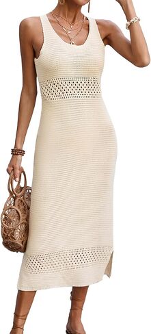 BreathSunny Womens Crochet Swimsuit Beach Cover Up 2026 U Neck Sleeveless Mesh Knit Bathing Suit Swim Coverups Midi Dress in Kuwait