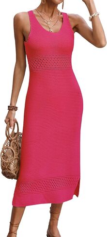 BreathSunny Womens Crochet Swimsuit Beach Cover Up 2026 U Neck Sleeveless Mesh Knit Bathing Suit Swim Coverups Midi Dress in Kuwait