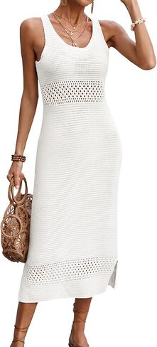 BreathSunny Womens Crochet Swimsuit Beach Cover Up 2026 U Neck Sleeveless Mesh Knit Bathing Suit Swim Coverups Midi Dress in Kuwait