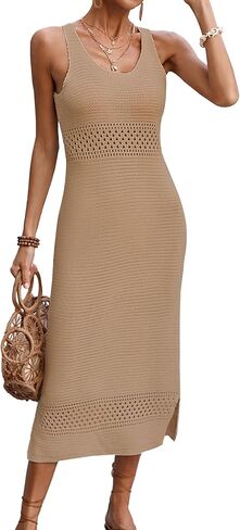 BreathSunny Womens Crochet Swimsuit Beach Cover Up 2026 U Neck Sleeveless Mesh Knit Bathing Suit Swim Coverups Midi Dress in Kuwait