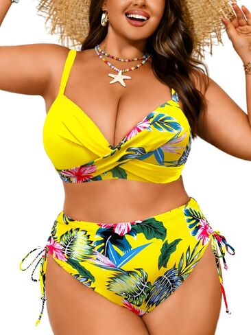 ChiaoLezhee Plus Size Floral Bikini Set, Push Up High Waisted, Beach Vacation, Two Piece Tropical Tummy Control Full Coverage in Saudi Arabia