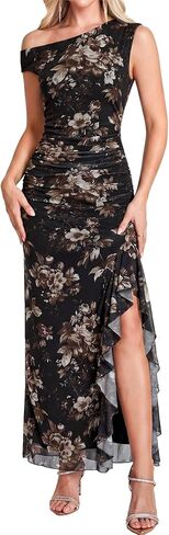HTZMO One Shoulder Floral Wedding Guest Long Dress Summer Formal Elegant Ruffled Slit Bodycon Maxi Dresses for Women in Saudi Arabia