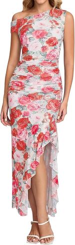 HTZMO One Shoulder Floral Wedding Guest Long Dress Summer Formal Elegant Ruffled Slit Bodycon Maxi Dresses for Women in Saudi Arabia