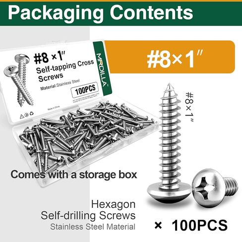 Mrdilla #8 × 1" Phillips Pan Head Screws, Stainless Steel Self Tapping Screws for Sheet Metal, Wood, and Plastic, 100 Pcs in Saudi Arabia