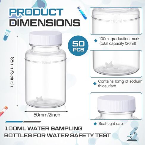 Lounsweer 50 Pcs 100ml Sterile Water Sampling Bottles with 10mg Sodium Thiosulfate, Leakproof for Drinking Water Safety Testing, Total Coliform Detection in Saudi Arabia
