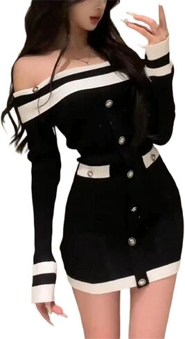 Women's Autumn Winter Off Shoulder Knit Long Sleeve Bodycon Mini Dress in Saudi Arabia