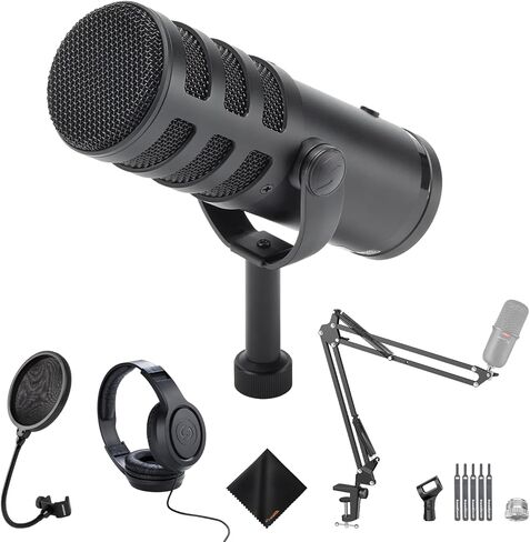 ميكروفون البث الديناميكي SAMSON Q9U XLR/USB مع الملحقات - مرشح بوب للميكروفون PS04 Gooseneck، سماعة رأس ستيريو فوق الأذن SR350، حامل ميكروفون بذراع ذراع، وقطعة قماش للتنظيف - طقم حزمة in Saudi Arabia