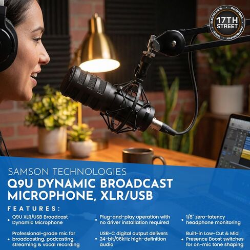 ميكروفون البث الديناميكي SAMSON Q9U XLR/USB مع الملحقات - مرشح بوب للميكروفون PS04 Gooseneck، سماعة رأس ستيريو فوق الأذن SR350، حامل ميكروفون بذراع ذراع، وقطعة قماش للتنظيف - طقم حزمة in Saudi Arabia