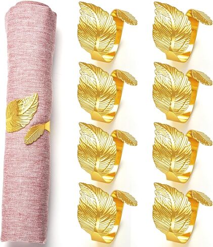 Gold Leaf Napkin Rings Set of 8,Metal Napkin Ring Holder Bulk for Holiday Party,Wedding,Banquet Elegant Table Setting,Classic Dining Room Decor (8) in Saudi Arabia