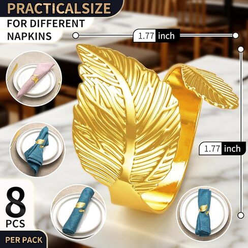 Gold Leaf Napkin Rings Set of 8,Metal Napkin Ring Holder Bulk for Holiday Party,Wedding,Banquet Elegant Table Setting,Classic Dining Room Decor (8) in Saudi Arabia