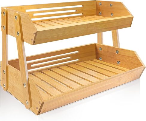 [Upgraded Length] 16.5-Inch Fruit Stand Storage Holder with 4 Sturdier Legs, 2-Tier Fruit Basket , Bamboo Fruit Bowl Holder for Fruit,Vegetables,Bread, Snacks, Home Kitchen Countertop Organizer in Saudi Arabia