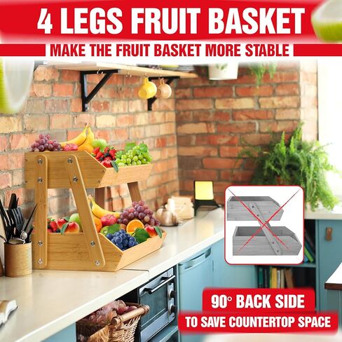 [Upgraded Length] 16.5-Inch Fruit Stand Storage Holder with 4 Sturdier Legs, 2-Tier Fruit Basket , Bamboo Fruit Bowl Holder for Fruit,Vegetables,Bread, Snacks, Home Kitchen Countertop Organizer in Saudi Arabia