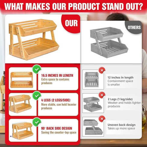 [Upgraded Length] 16.5-Inch Fruit Stand Storage Holder with 4 Sturdier Legs, 2-Tier Fruit Basket , Bamboo Fruit Bowl Holder for Fruit,Vegetables,Bread, Snacks, Home Kitchen Countertop Organizer in Saudi Arabia