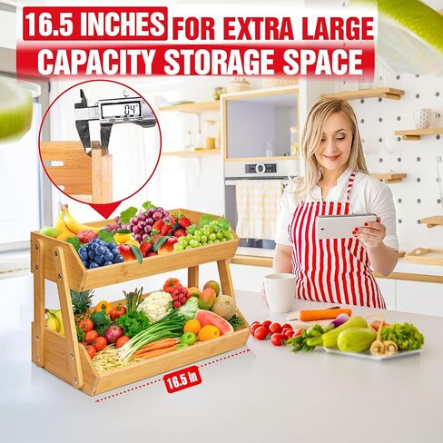 [Upgraded Length] 16.5-Inch Fruit Stand Storage Holder with 4 Sturdier Legs, 2-Tier Fruit Basket , Bamboo Fruit Bowl Holder for Fruit,Vegetables,Bread, Snacks, Home Kitchen Countertop Organizer in Saudi Arabia