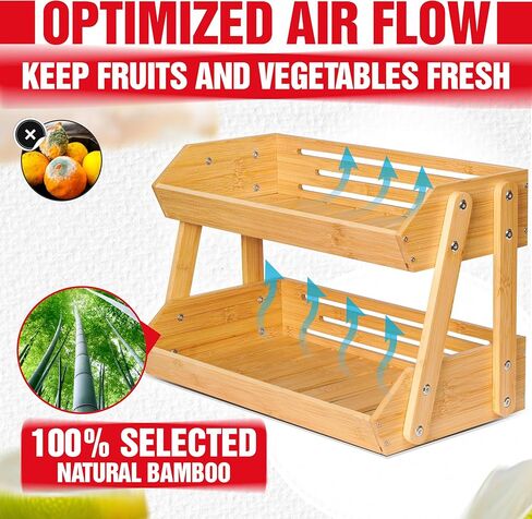 [Upgraded Length] 16.5-Inch Fruit Stand Storage Holder with 4 Sturdier Legs, 2-Tier Fruit Basket , Bamboo Fruit Bowl Holder for Fruit,Vegetables,Bread, Snacks, Home Kitchen Countertop Organizer in Saudi Arabia