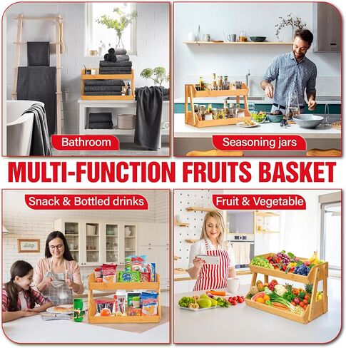 [Upgraded Length] 16.5-Inch Fruit Stand Storage Holder with 4 Sturdier Legs, 2-Tier Fruit Basket , Bamboo Fruit Bowl Holder for Fruit,Vegetables,Bread, Snacks, Home Kitchen Countertop Organizer in Saudi Arabia