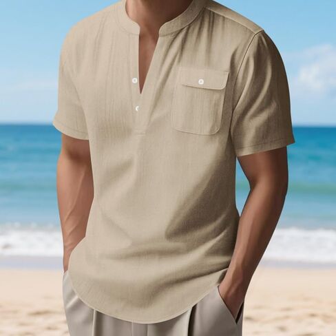Men Linen Shirt Summer Stylish V Neck Short Sleeve Shirts Loose Fit Button Down Tops Beach Vacation Tees in Kuwait