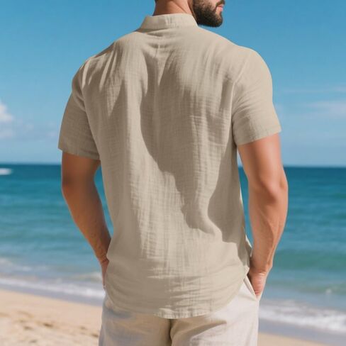 Men Linen Shirt Summer Stylish V Neck Short Sleeve Shirts Loose Fit Button Down Tops Beach Vacation Tees in Kuwait