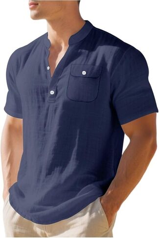 Men Linen Shirt Summer Stylish V Neck Short Sleeve Shirts Loose Fit Button Down Tops Beach Vacation Tees in Kuwait
