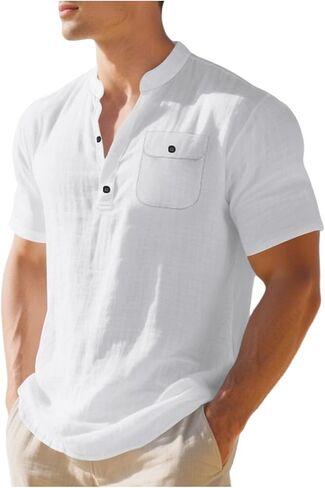 Men Linen Shirt Summer Stylish V Neck Short Sleeve Shirts Loose Fit Button Down Tops Beach Vacation Tees in Kuwait